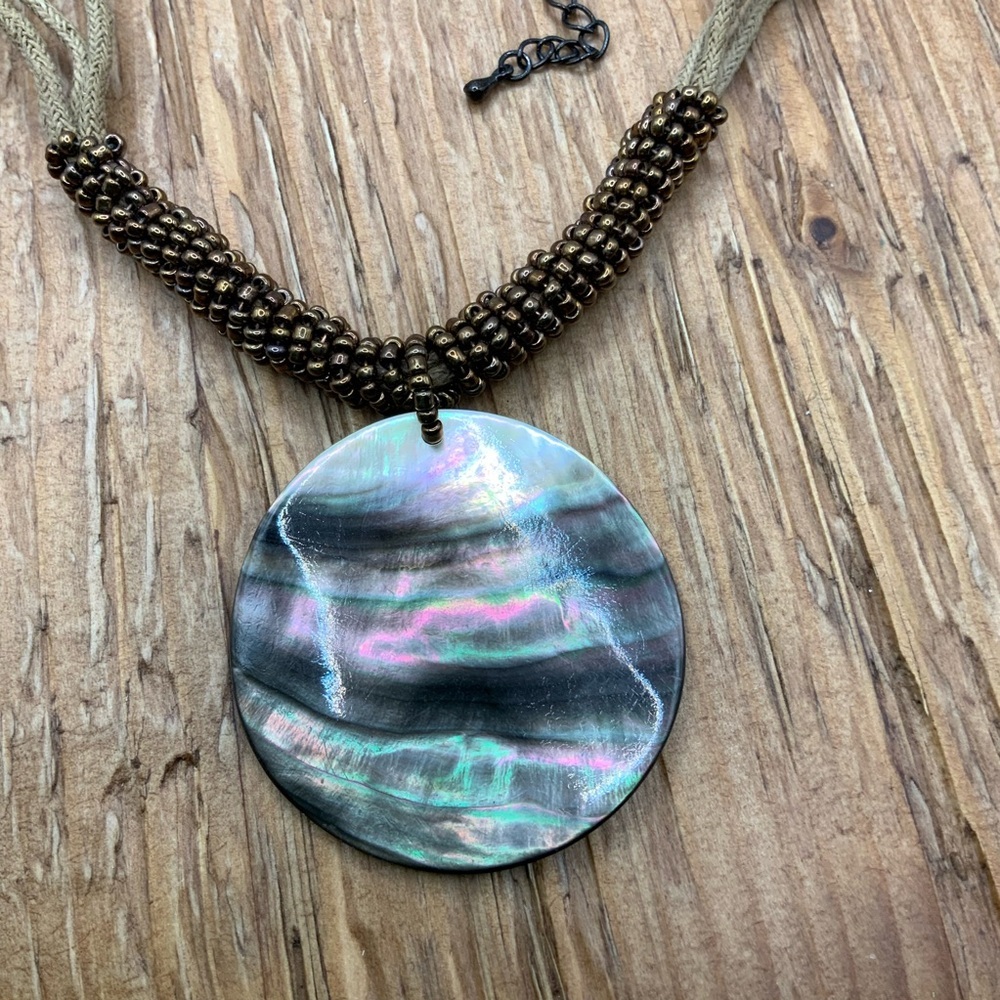 Lia Sophia Harvest Moon Abalone Disc Seed Beads Cord Chain Necklace